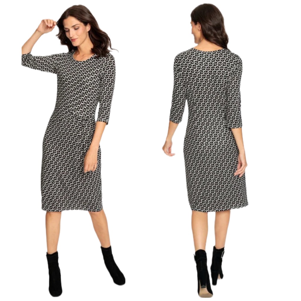 Women’s Black & White Printed Midi Dress - Classic Crew Neck